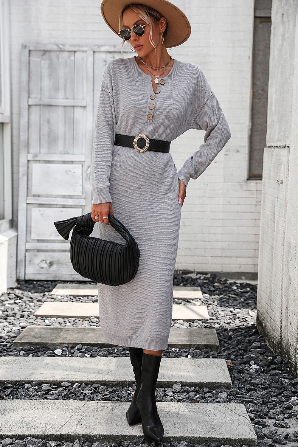 Decorative Button Notched Dropped Shoulder Sweater Dress - Ryzela