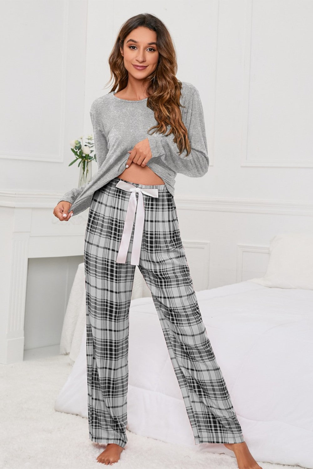 Round Neck Long Sleeve Top and Bow Plaid Pants Lounge Set - Ryzela