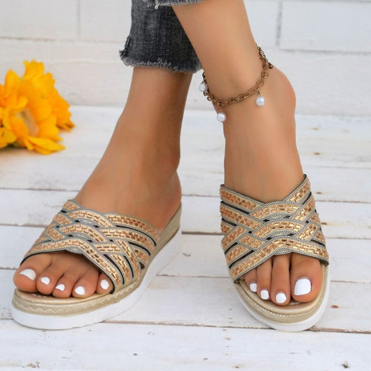 Rhinestone Open Toe Wedge Sandals - Ryzela