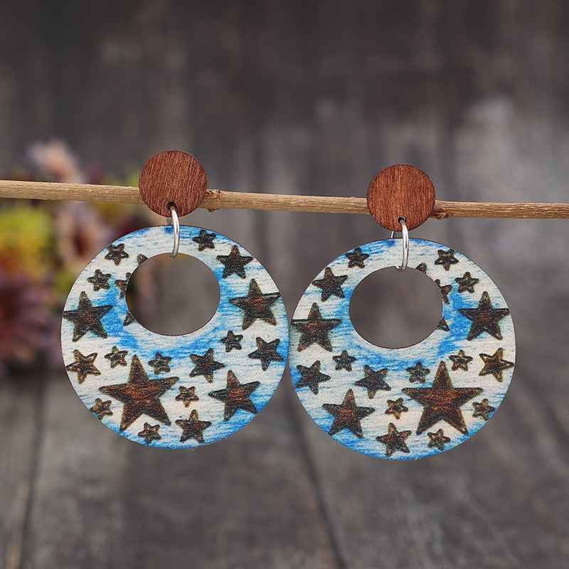 Cutout Star Print Wooden Dangle Earrings - Ryzela