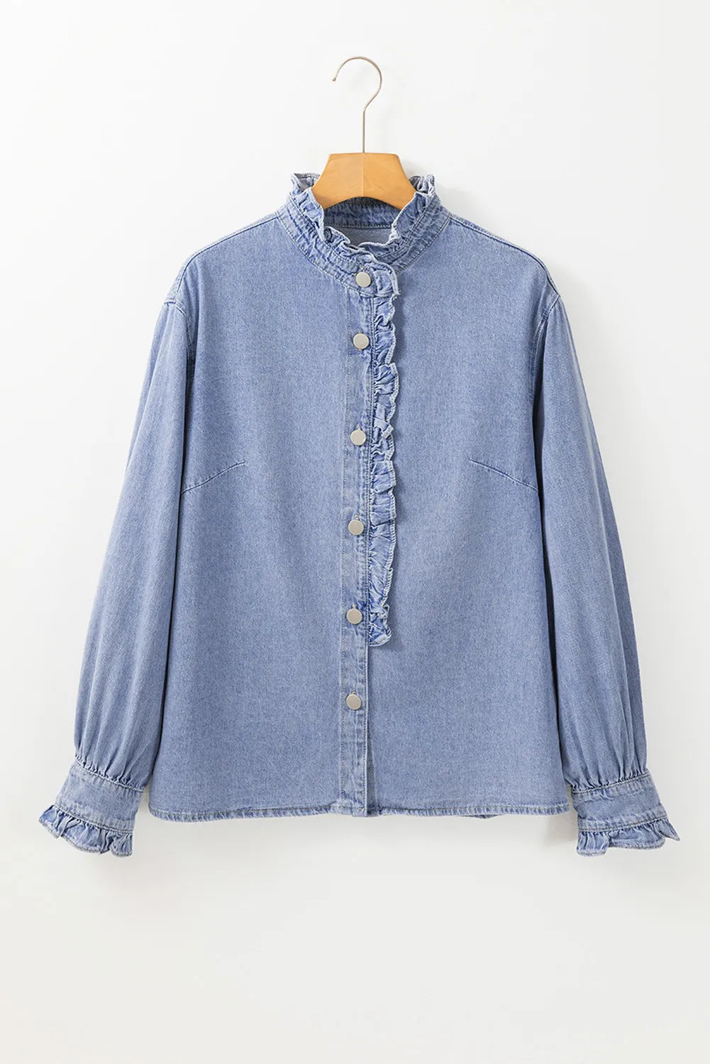 Frill Button Up Long Sleeve Denim Top - Ryzela