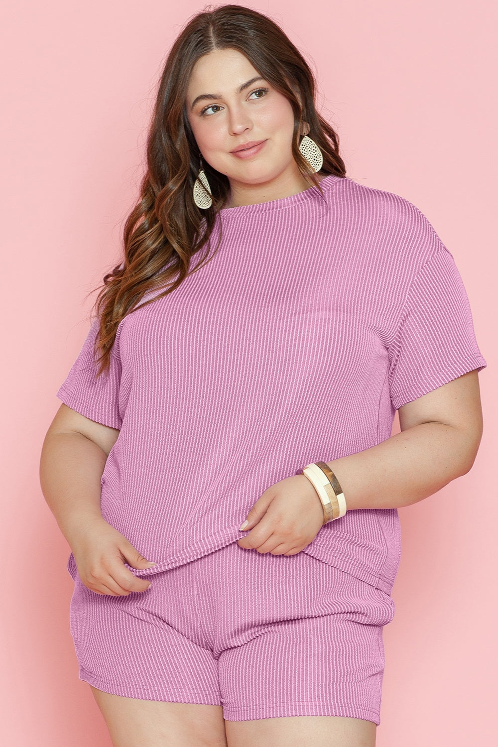 Plus Size Round Neck Short Sleeve Top and Shorts Set - Ryzela