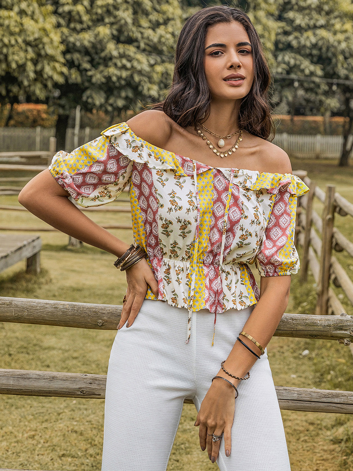 Ruffled Printed Off-Shoulder Short Sleeve Blouse - Ryzela