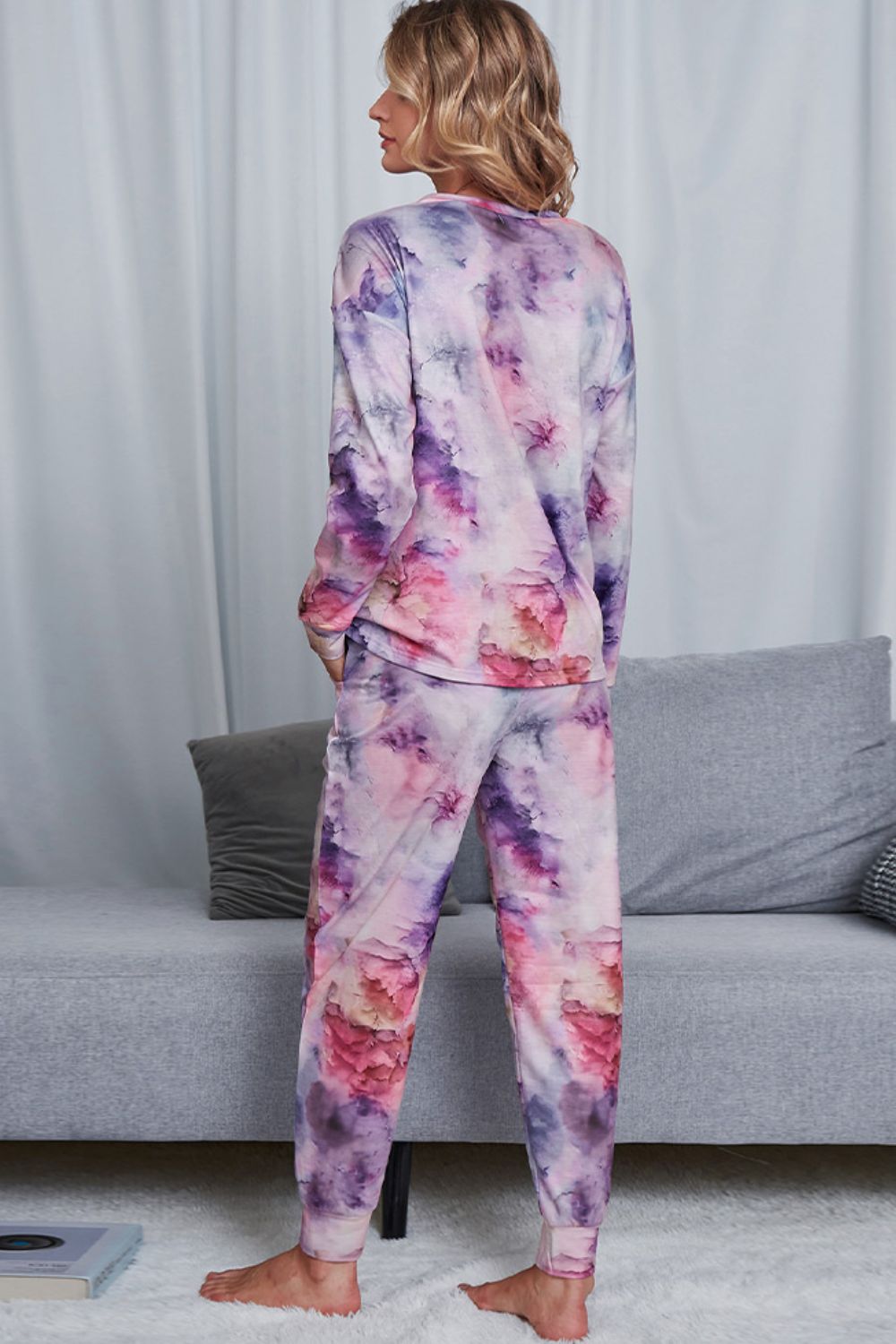 Tie-Dye Crewneck Top and Drawstring Waist Joggers Lounge Set - Ryzela