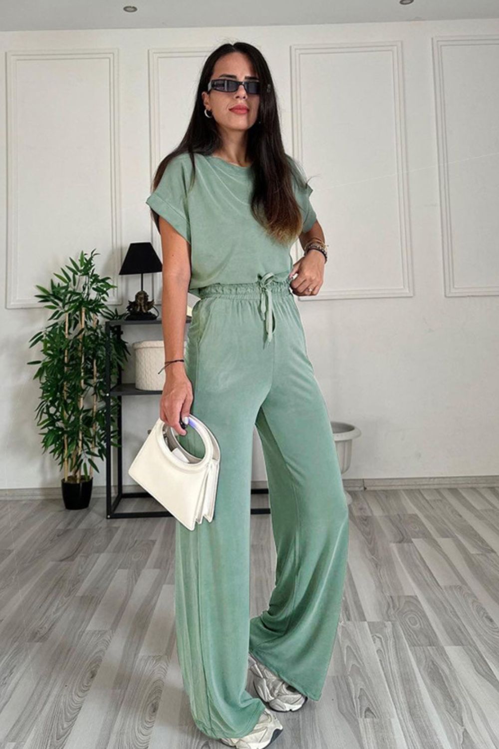 Round Neck Short Sleeve Top and Drawstring Pants Set - Ryzela