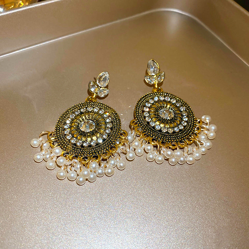 Rhinestone Alloy Bead Dangle Earrings - Ryzela