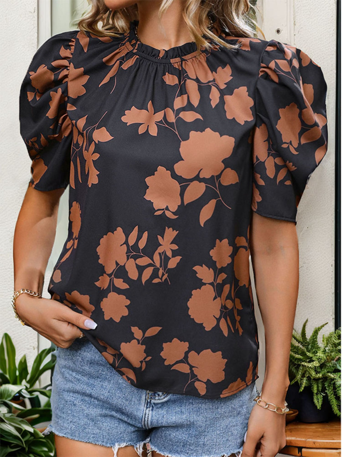 Frill Printed Round Neck Puff Sleeve Blouse - Ryzela