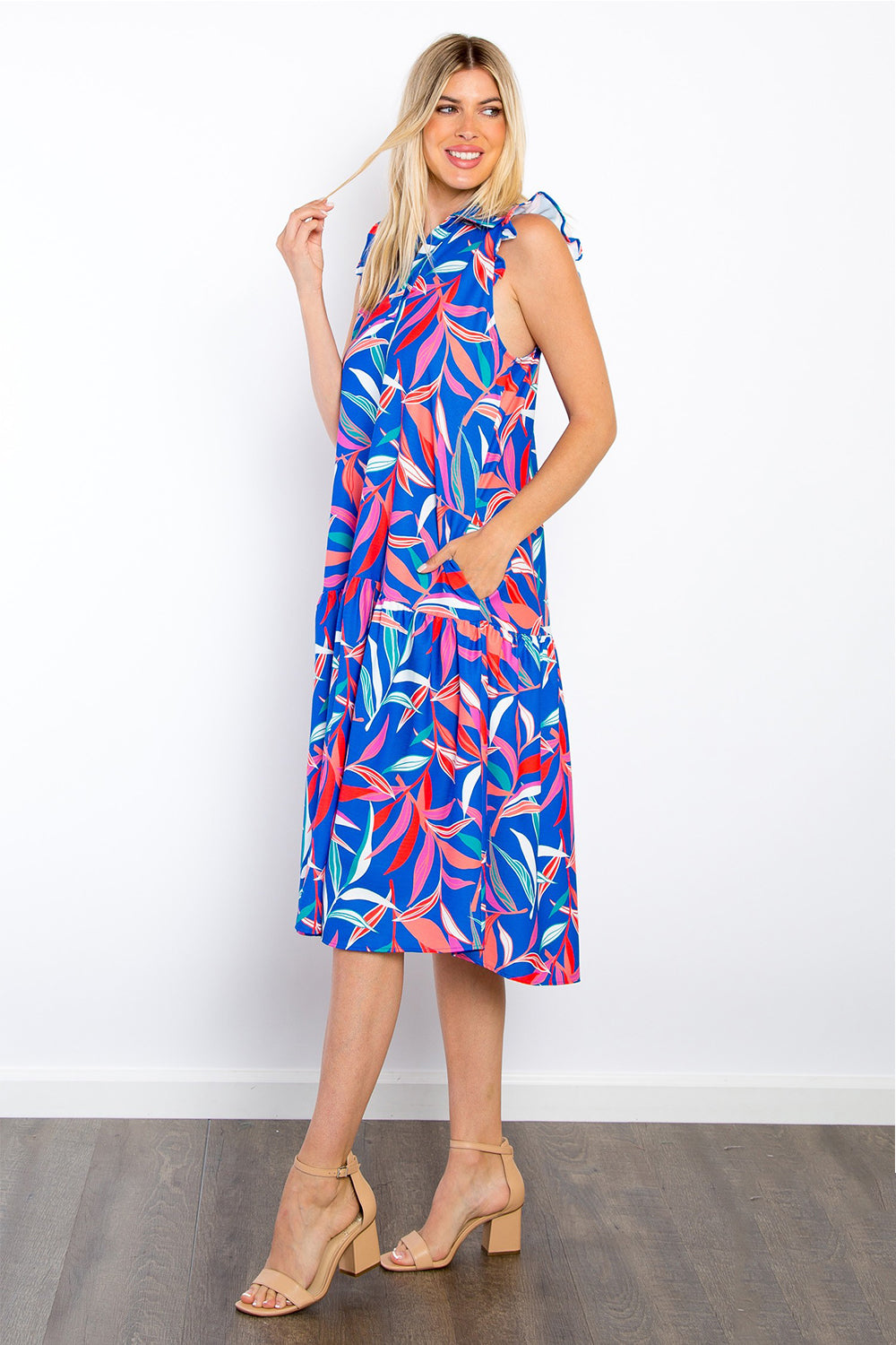 Be Stage Print Ruffled Midi Dress with Pockets - Ryzela