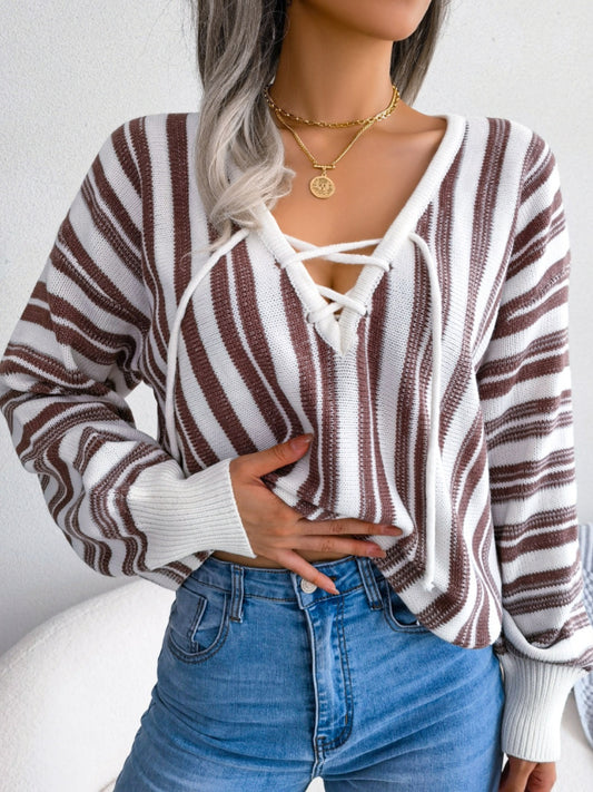 Striped Lace-Up Long Sleeve Sweater - Ryzela