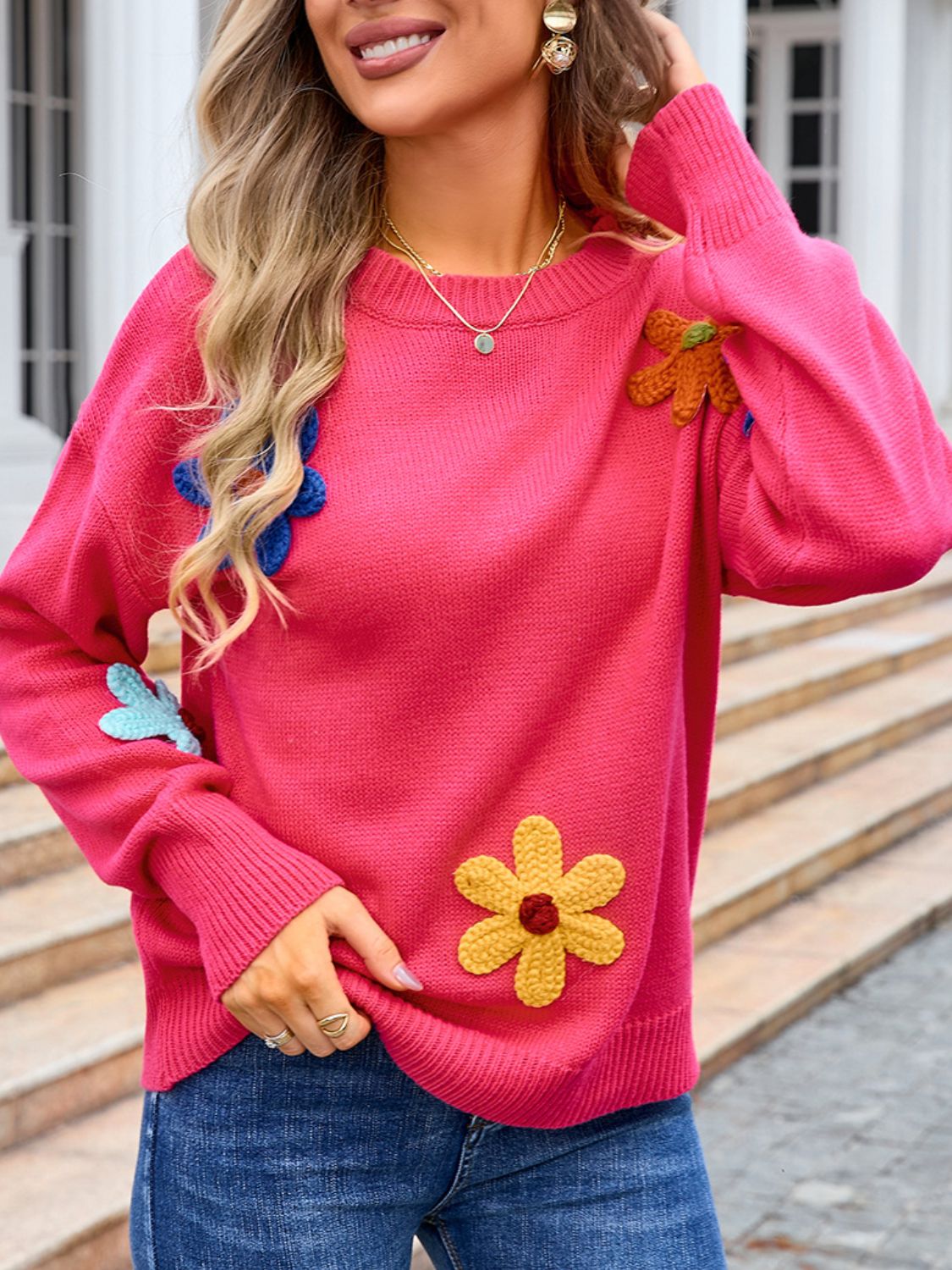 Crochet Flower Round Neck Sweater - Ryzela