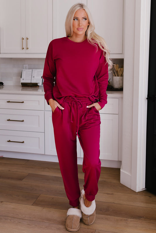 Round Neck Top and Drawstring Pants Lounge Set - Ryzela