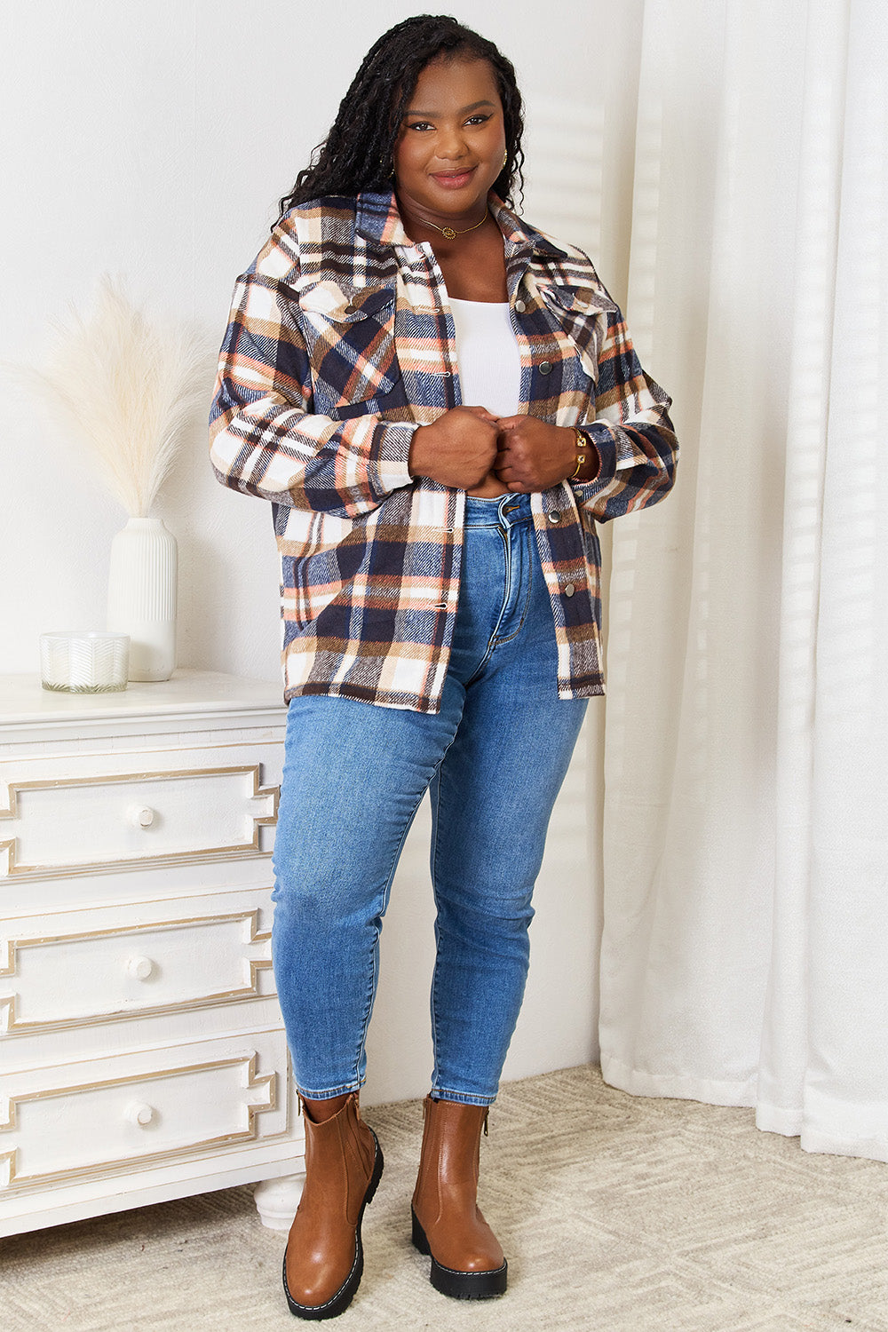 Double Take Plaid Button Front Shirt Jacket with Breast Pockets - Ryzela