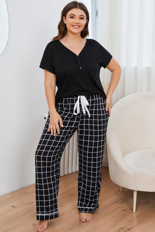 Plus Size V-Neck Top and Plaid Pants Lounge Set - Ryzela