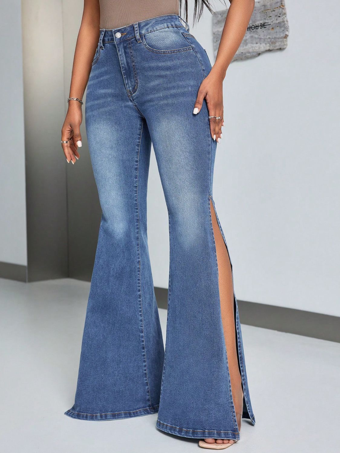 Slit Flare Jeans with Pockets - Ryzela