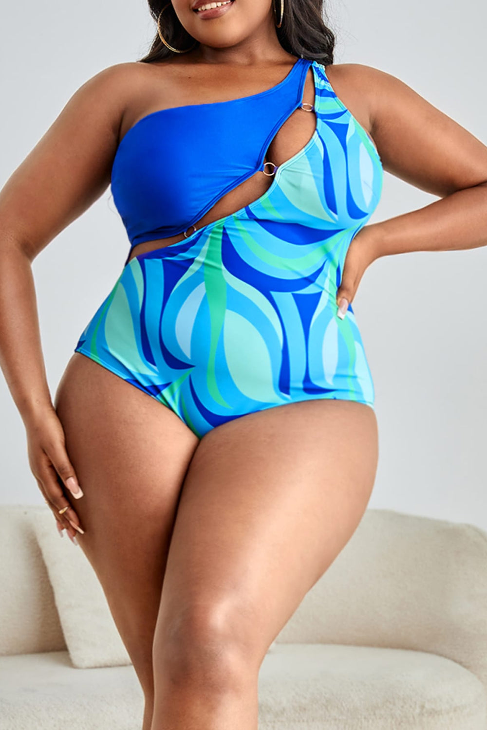 Plus Size Printed Ring Detail One-Shoulder One-Piece Swimsuit - Ryzela