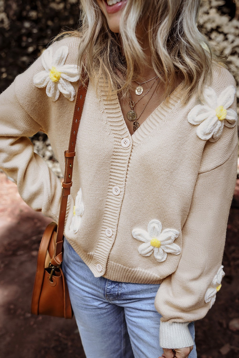 Flower Dropped Shoulder Long Sleeve Cardigan - Ryzela