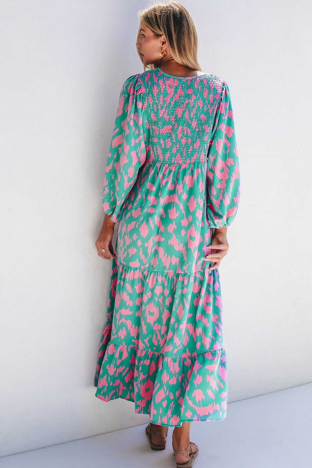 Smocked Printed Tie Neck Long Sleeve Dress - Ryzela