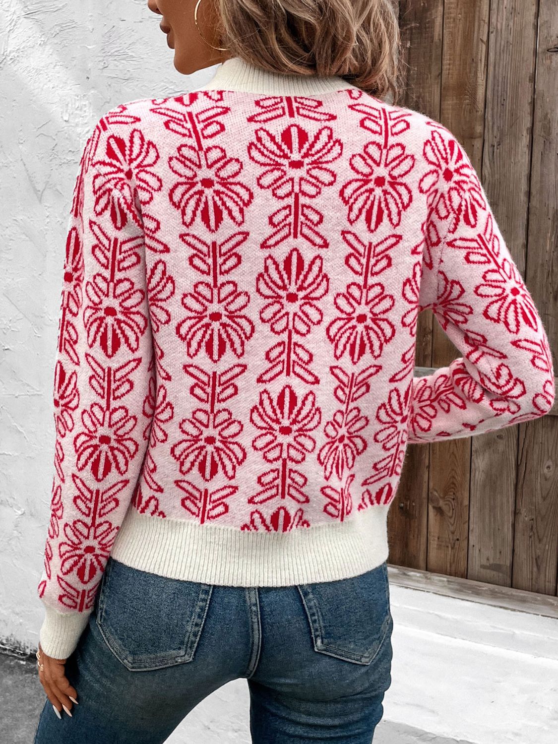 Flower Round Neck Long Sleeve Sweater - Ryzela