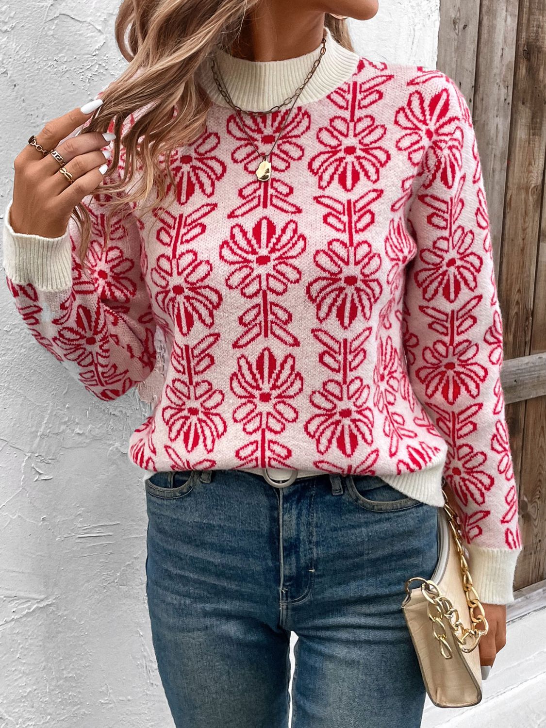 Flower Round Neck Long Sleeve Sweater - Ryzela