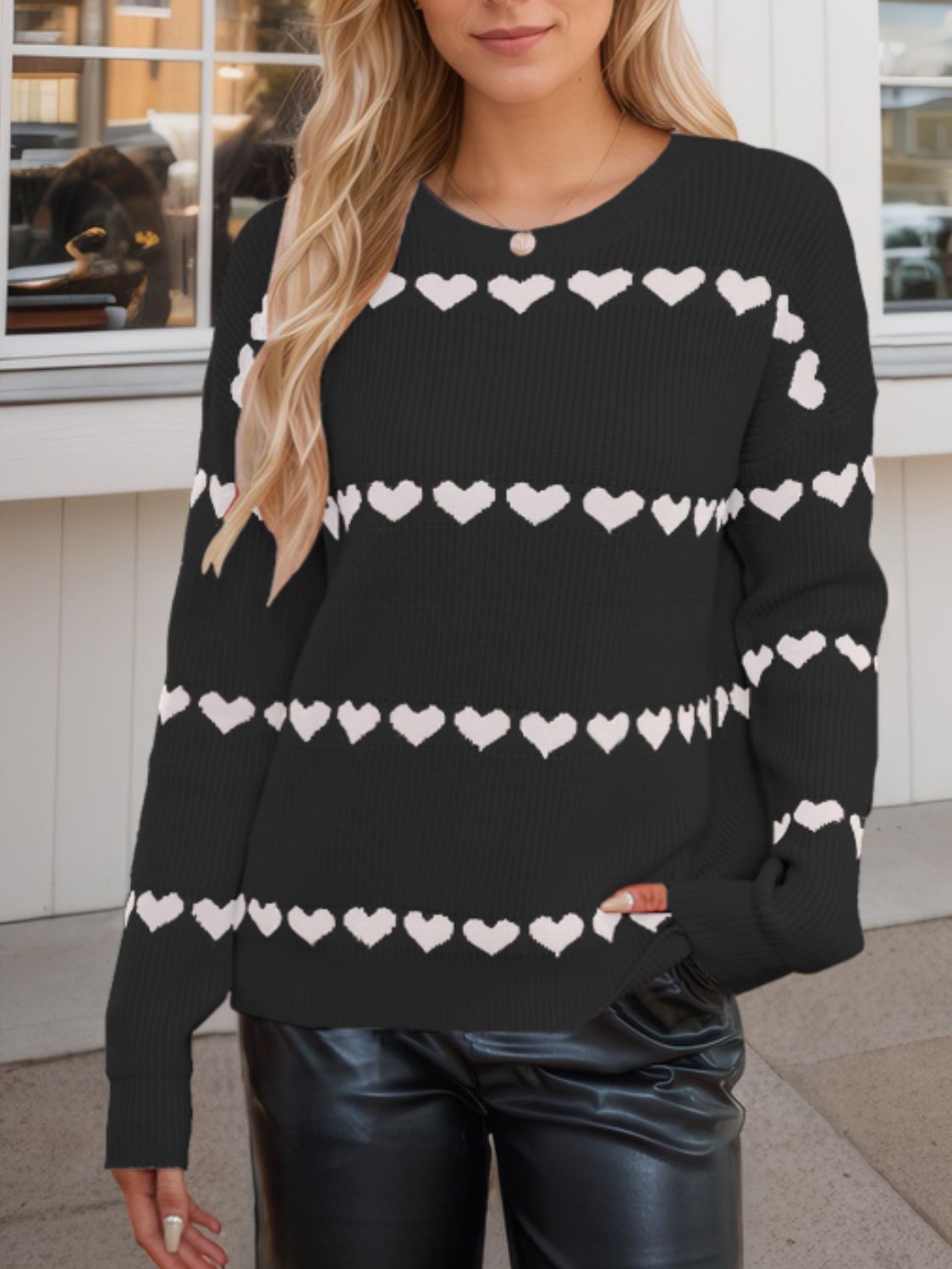 Heart Round Neck Long Sleeve Sweater - Ryzela