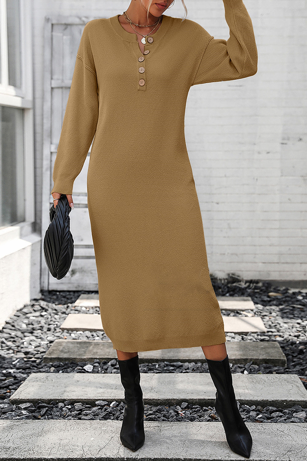 Decorative Button Notched Dropped Shoulder Sweater Dress - Ryzela