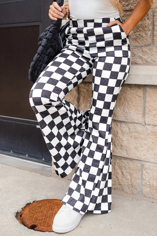 Checkered Flare Pants with Pockets - Ryzela