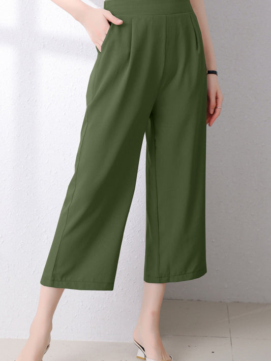 Full Size Pocketed Half Elastic Waist Pants - Ryzela