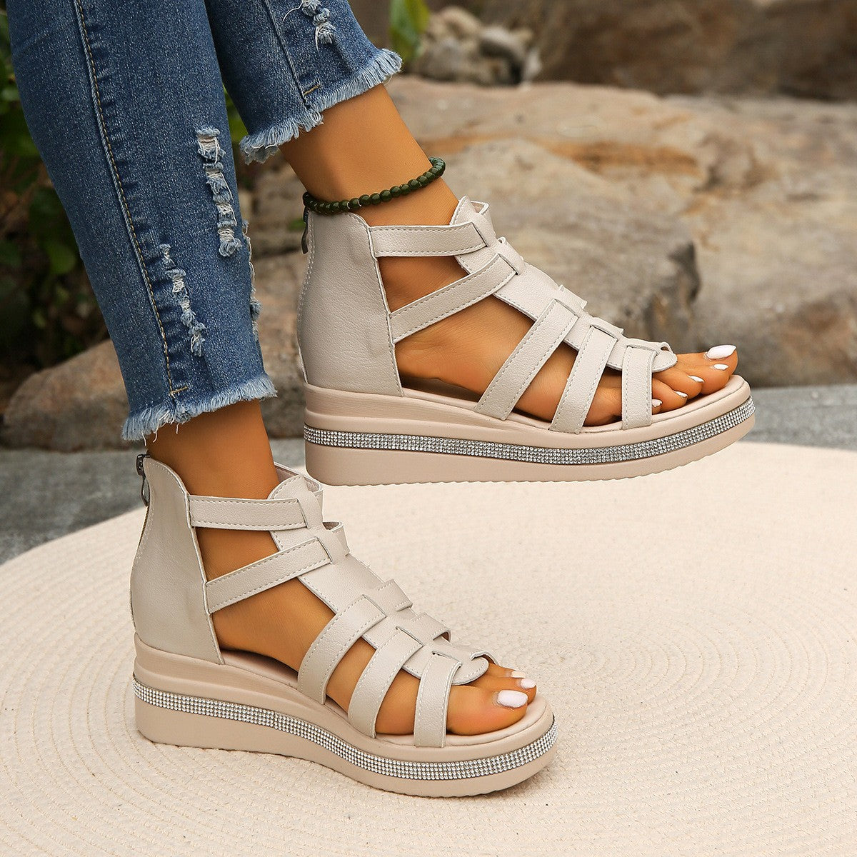 Cutout Rhinestone Trim Wedge Sandals - Ryzela