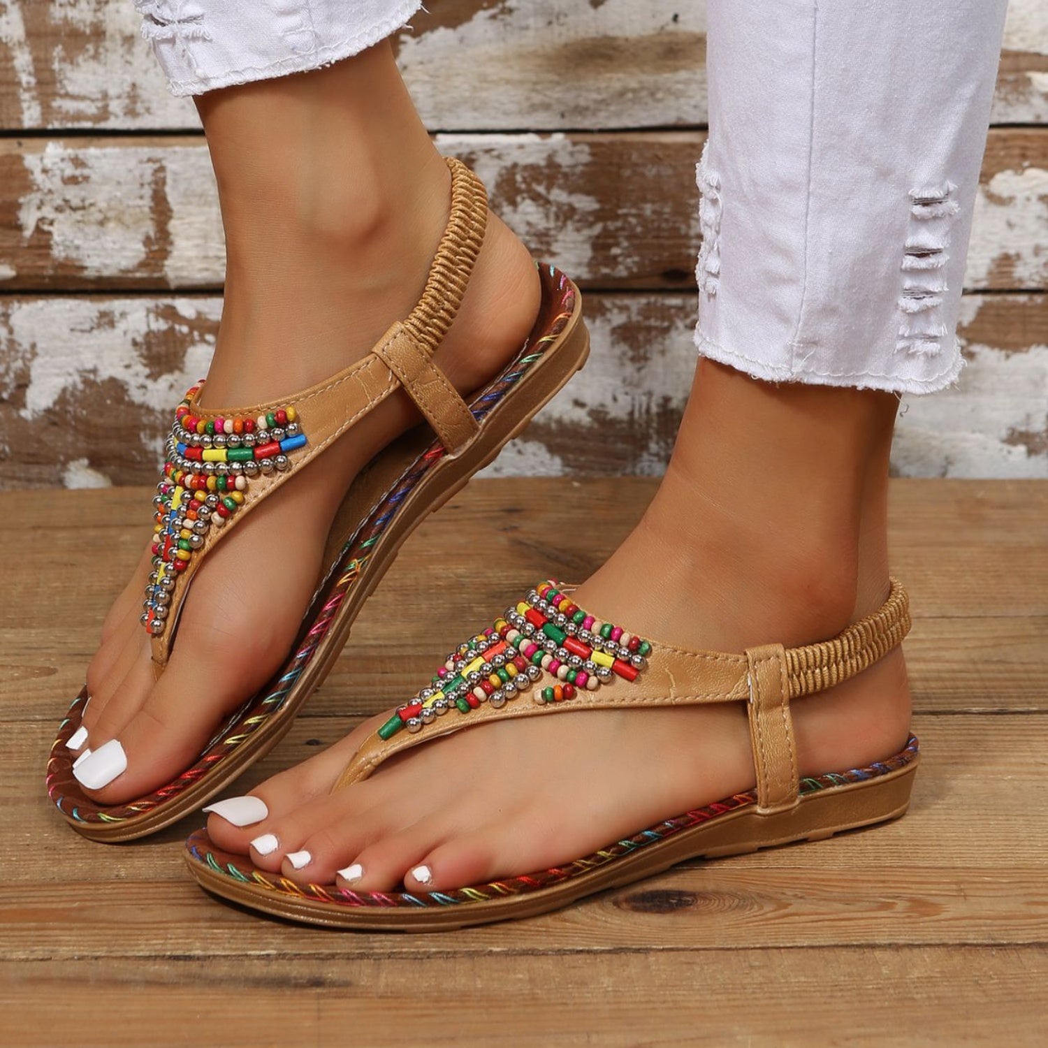 Beaded PU Leather Open Toe Sandals - Ryzela