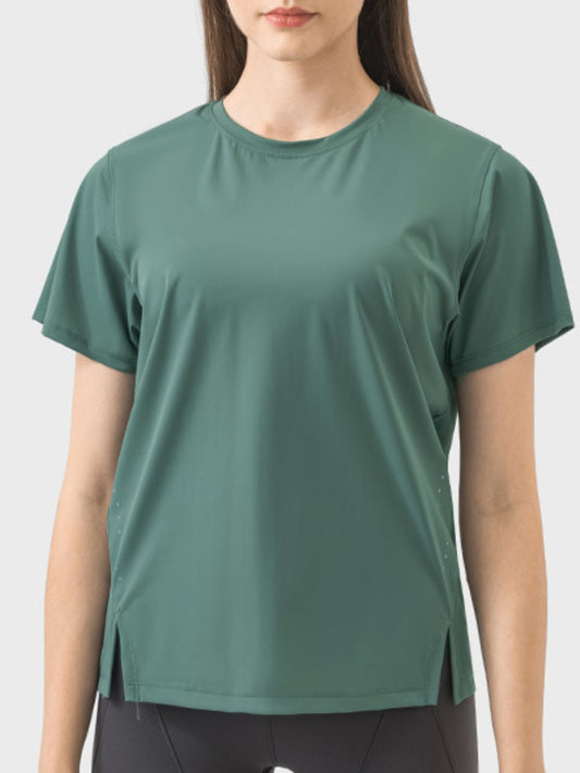 Slit Round Neck Short Sleeve Active T-Shirt - Ryzela