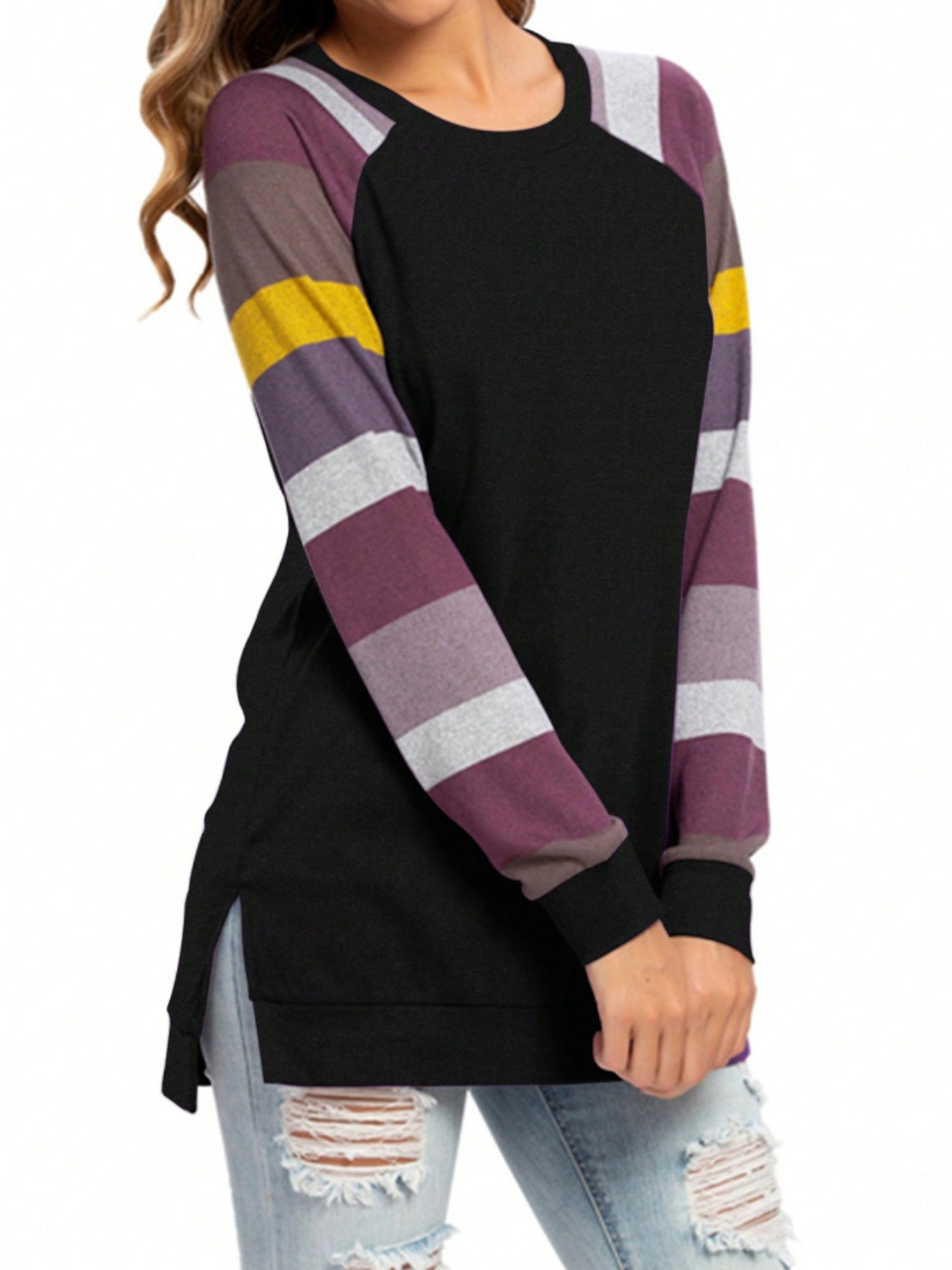 Color Block Round Neck Long Sleeve T-Shirt - Ryzela