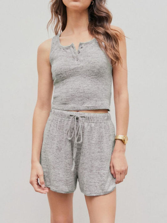 Quarter Button Sleeveless Top and Drawstring Shorts Lounge Set - Ryzela