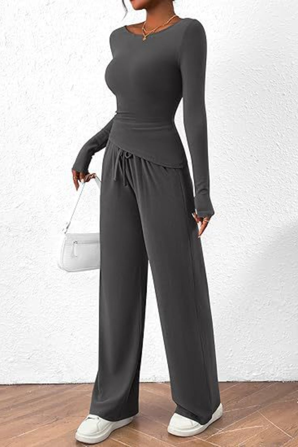 Round Neck Long Sleeve Top and Pants Set - Ryzela