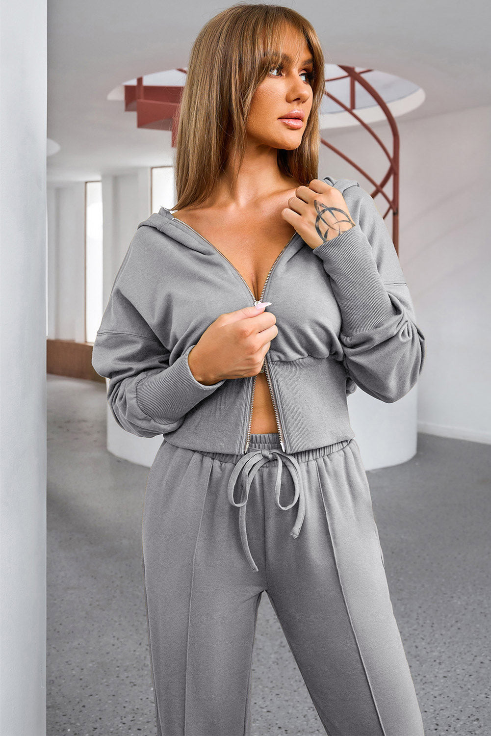 Dropped Shoulder Hoodie and Drawstring Pants Active Set - Ryzela