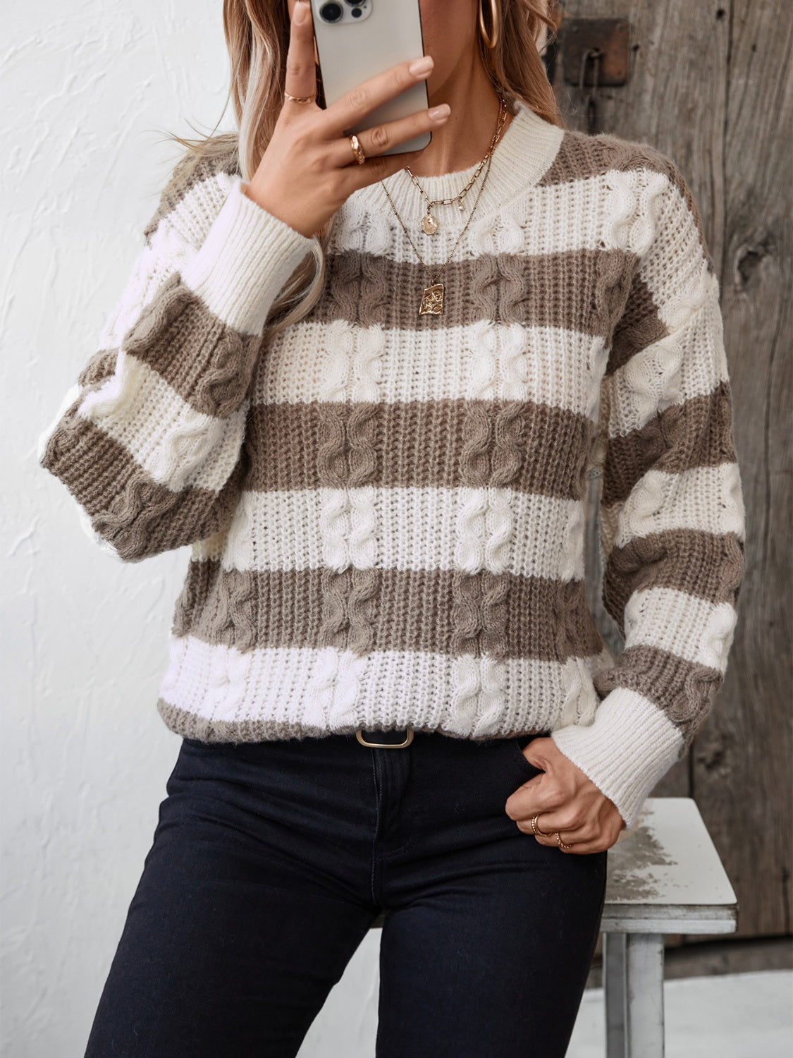 Striped Round Neck Long Sleeve Sweater - Ryzela