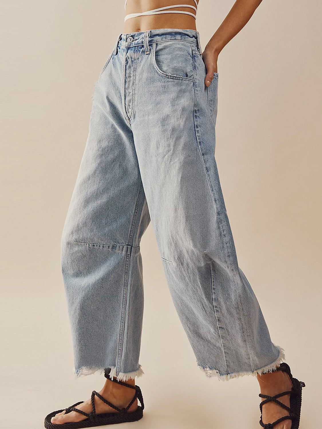 Raw Hem Wide Leg Jeans with Pockets - Ryzela