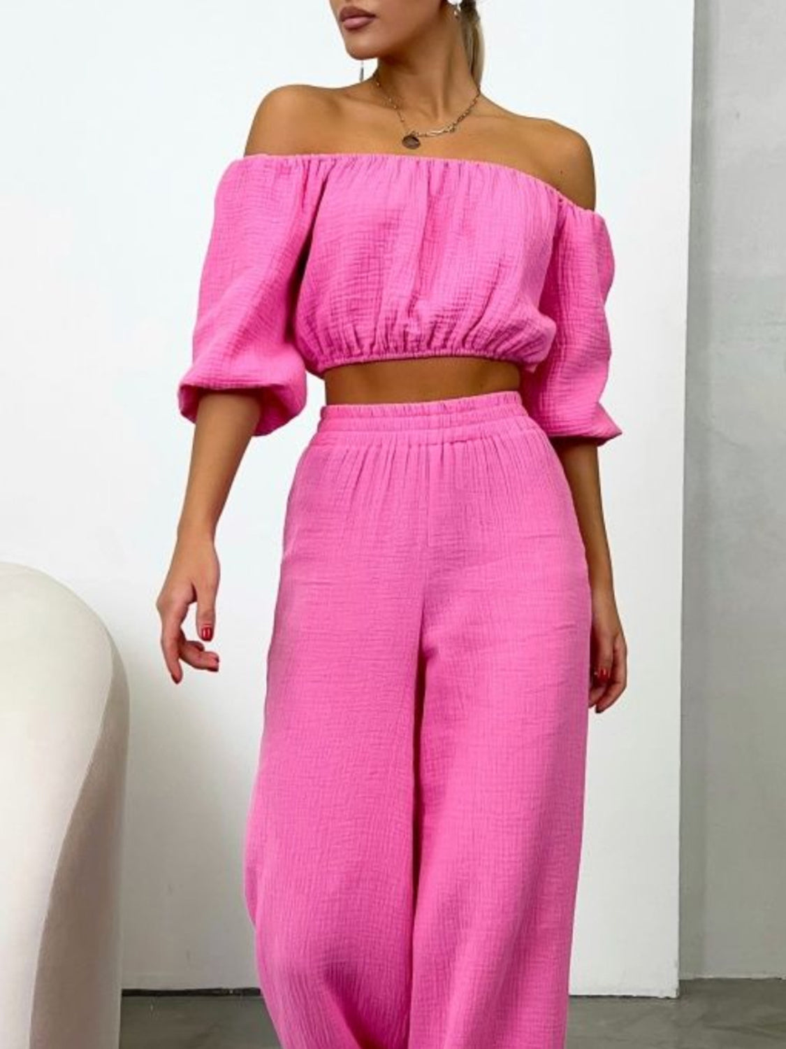 Off Shoulder Long Sleeve Top and Pants Set - Ryzela