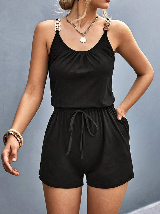 Pocketed Buckle Trim Scoop Neck Romper - Ryzela