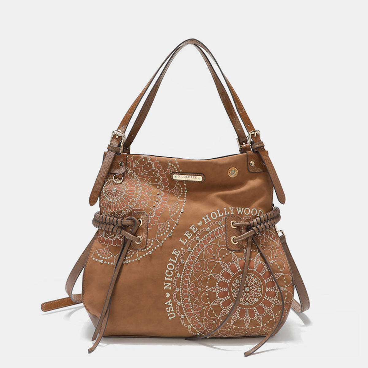 Nicole Lee USA Side Braided Tassel Inlaid Rhinestone Embroidery Hobo Bag - Ryzela