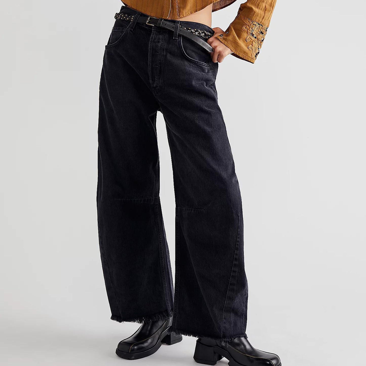 Raw Hem Wide Leg Jeans with Pockets - Ryzela