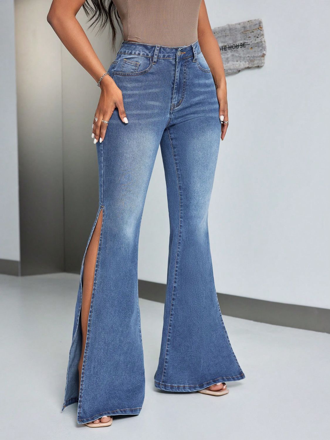 Slit Flare Jeans with Pockets - Ryzela