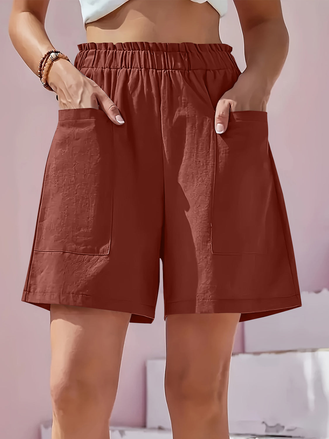 Full Size Pocketed Elastic Waist Shorts - Ryzela