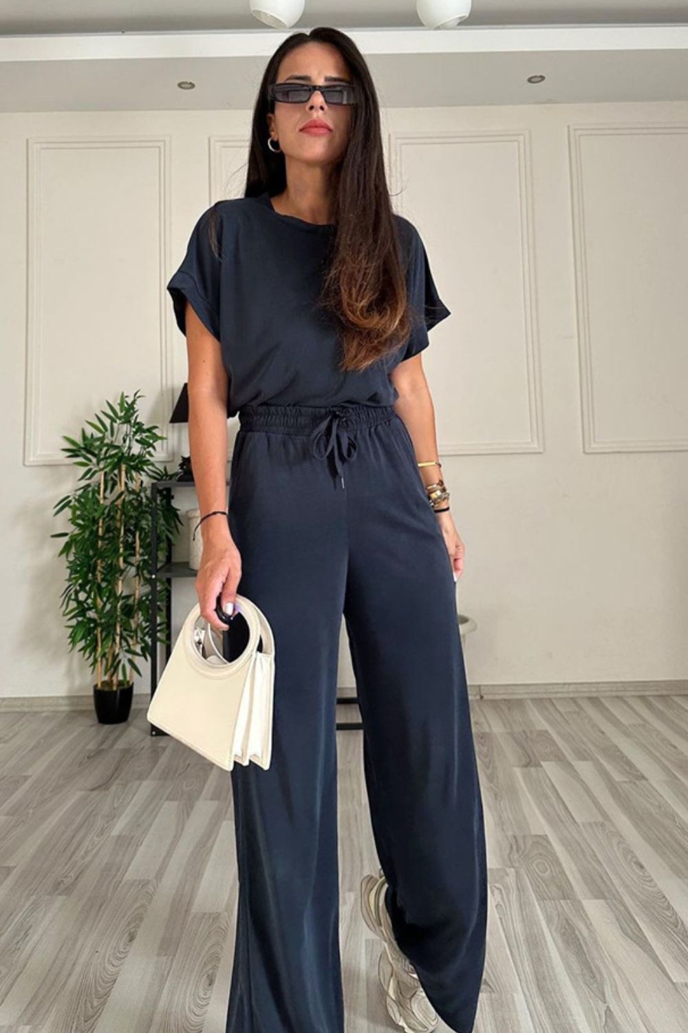 Round Neck Short Sleeve Top and Drawstring Pants Set - Ryzela