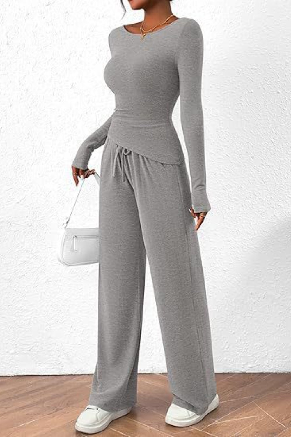 Round Neck Long Sleeve Top and Pants Set - Ryzela