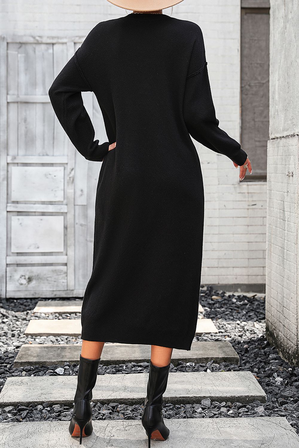 Decorative Button Notched Dropped Shoulder Sweater Dress - Ryzela