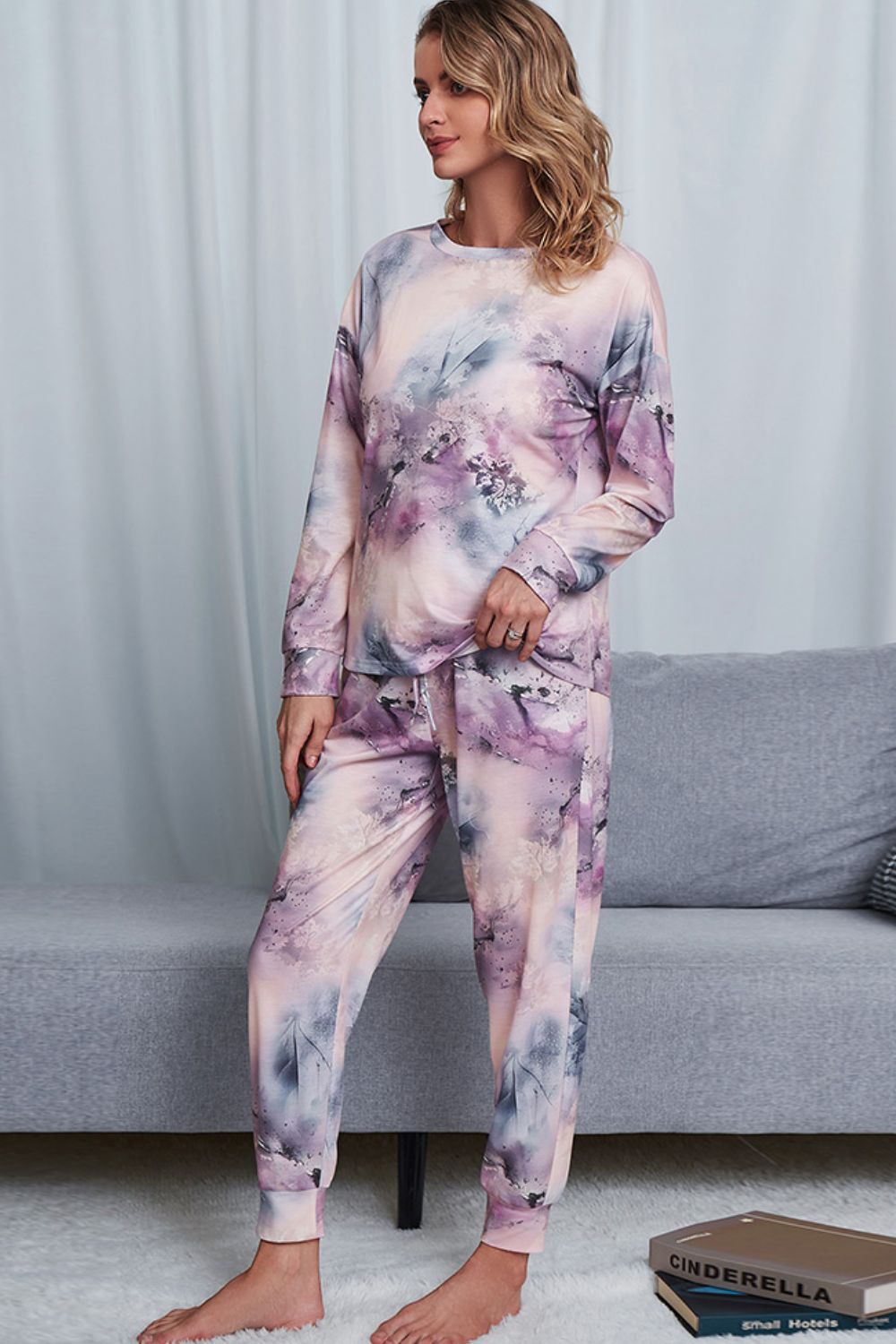 Tie-Dye Crewneck Top and Drawstring Waist Joggers Lounge Set - Ryzela