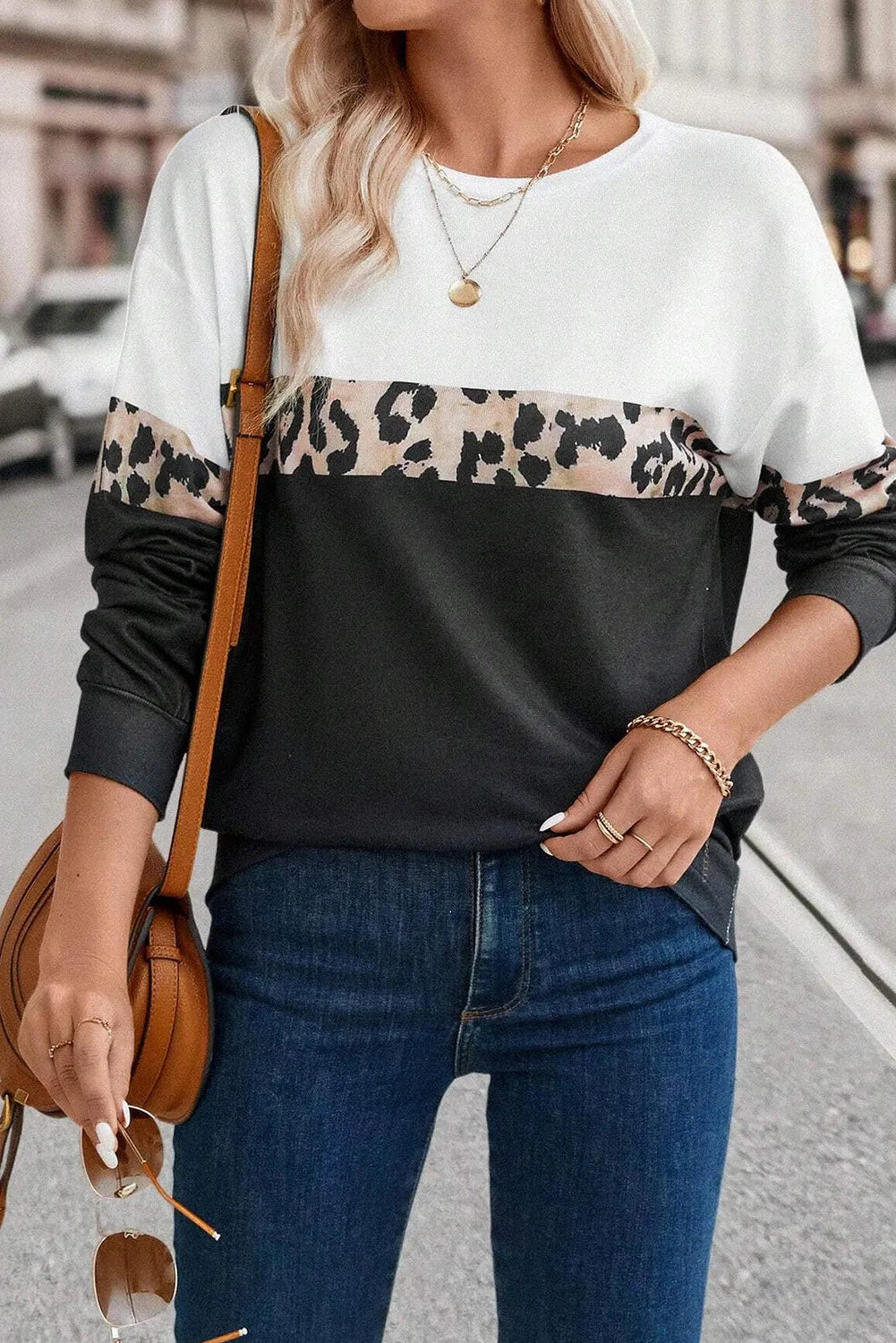 Leopard Round Neck Long Sleeve Top - Ryzela