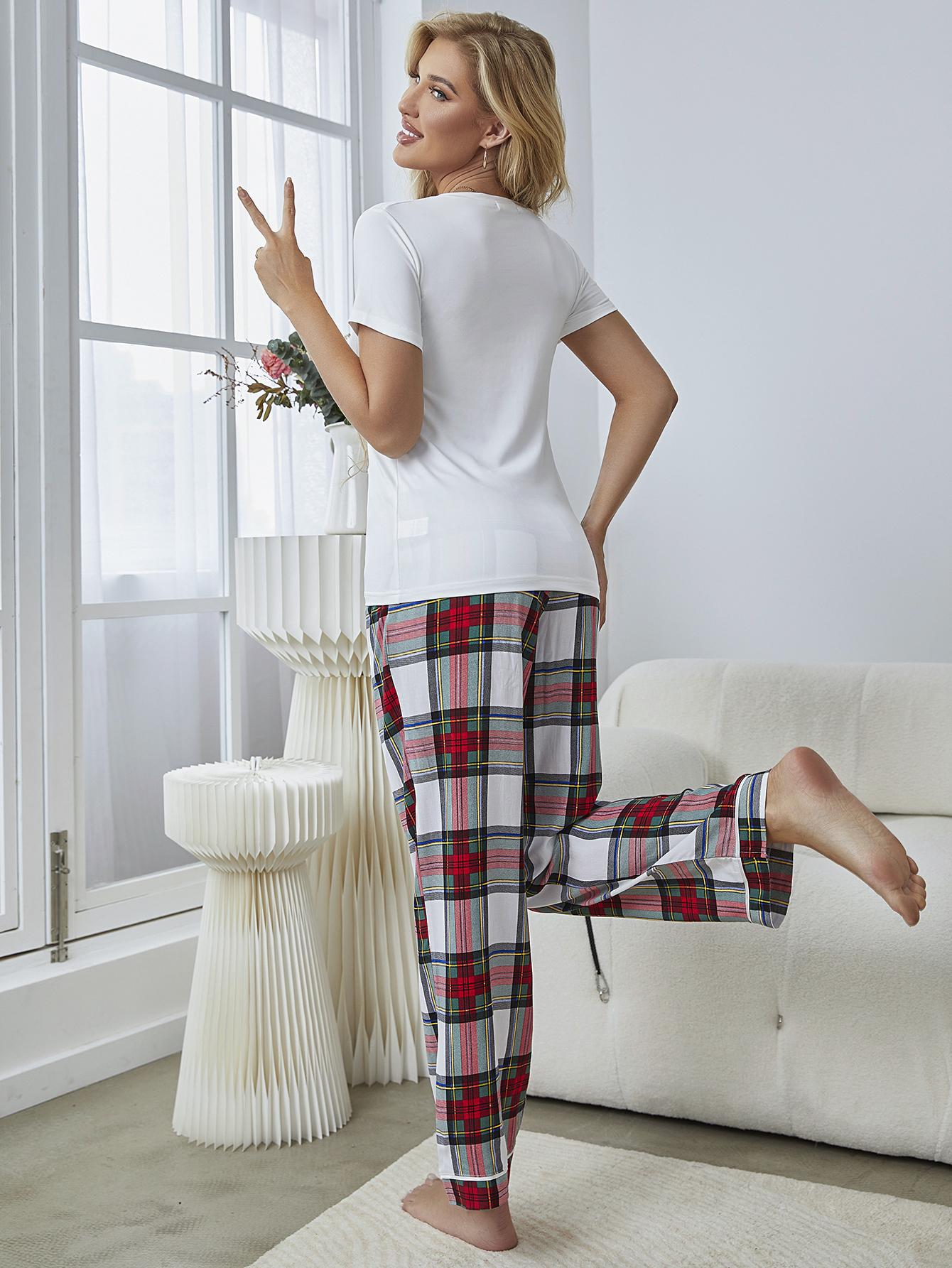 V-Neck Tee and Plaid Pants Lounge Set - Ryzela