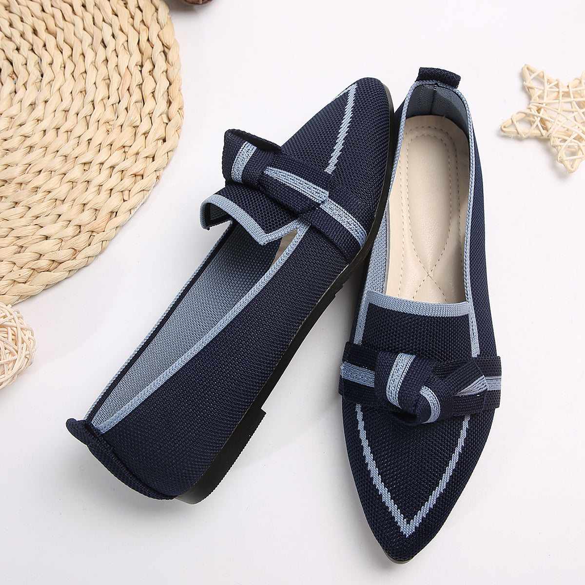 Bow Contrast Trim Point Toe Loafers - Ryzela