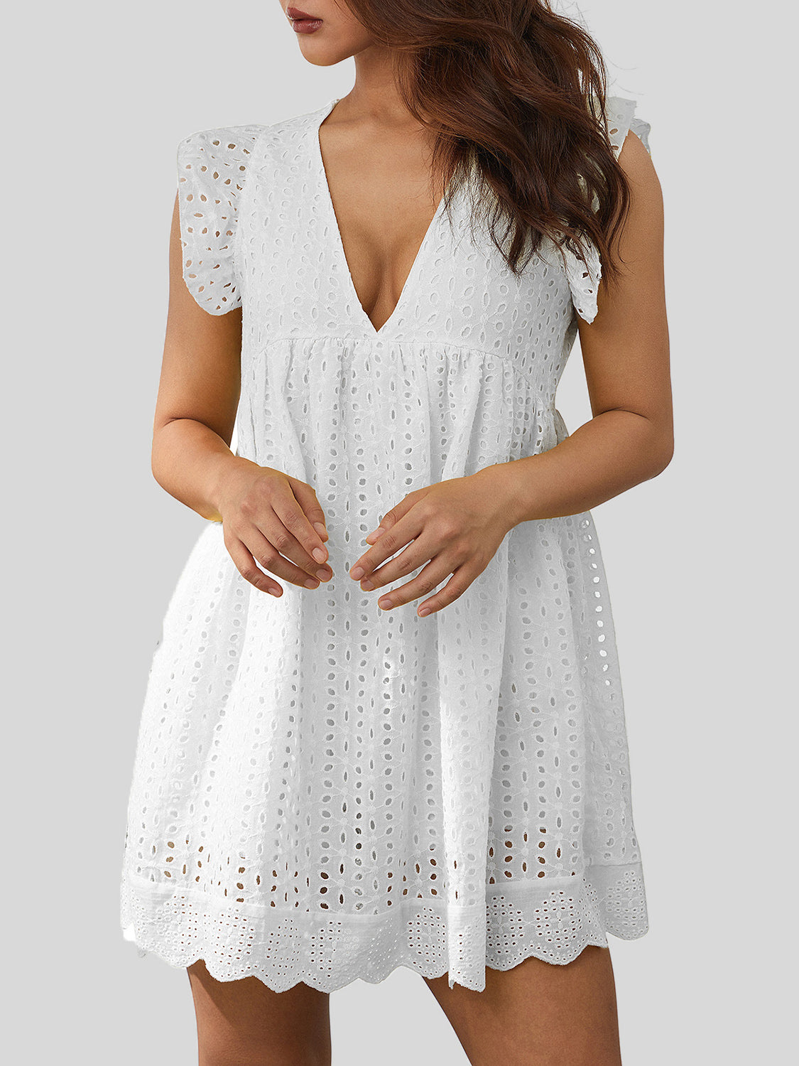 Ruffled Eyelet Cap Sleeve Mini Dress - Ryzela